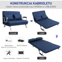 HOMCOM Sofa do Spania, 5-stopniowa Regulacja, Imitacja Zamszu, Rama Metalowa, w zestawie Poduszki, Granatowa(m-5)