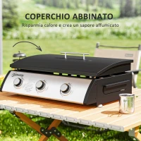 Outsunny Piastra a Gas in Acciaio Smaltato con 3 Bruciatori Potenza 7.5kW, 3 Zone di Cottura e Coperchio, Nero(m-6)