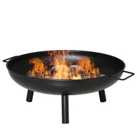 Outsunny Brasero Exterior Ø58x23 cm Cuenco de Fuego Redondo con Asas de Transporte 3 Pies y Marco de Metal para Hogueras Leñas Terraza Jardín al Aire Libre Negro(m-11)