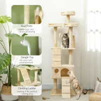 PawHut Albero Tiragraffi per Gatti con 3 Posatoi, 2 Casette e Giochi Appesi, in Legno e Peluche, 49x49x173 cm, Crema(m-5)