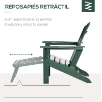 Outsunny Silla Adirondack con Reposapiés Retráctil Reposabrazos y Respaldo Alto para Exterior 78x135x95 cm Verde Oscuro(m-6)