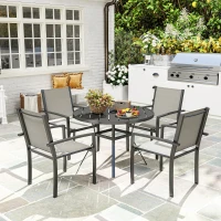 Outsunny 5 Piece Garden Furniture Set, Garden Dining Set with Round Table and 4 Stackable Chairs, Steel Frame, for Outdoor, Patio, Terraces, Dark Grey(m-2)
