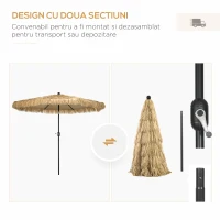 Outsunny Umbrela pentru gradina cu paie, umbrela rotunda stil Hawai cu manivela, Ø265x250cm, kaki(m-6)