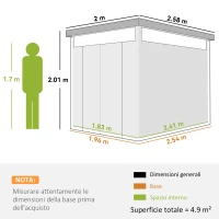 Outsunny Capanno da Giardino con Lucernario in Acrilico e Fori di Drenaggio, in Acciaio, 200x258x201 cm, Grigio Scuro(m-3)