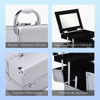 HOMCOM Estojo de Maquiagem Profissional Portátil de Cosméticos com Bandejas de 3 Níveis e Espelho 2 Chaves para Porta-Joias Manicure 15x15x20cm Prata(m-5)