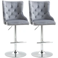 HOMCOM Bar Stools Set of 2, Modern Swivel & Adjustable Velvet Barstools with Button Tufted Back, Footrest, Nailhead Trim for Home Bar, Grey(m-1)