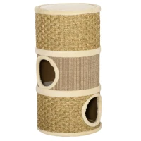 PawHut Arranhador em Forma de Cilindro para Gatos com 3 Níveis Plataforma e Caverna Confortável 37,5x37,5x70 cm Marrom Claro e Bege(m-1)