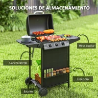 Outsunny Barbacoa de Gas con 3 Quemadores Quemador Lateral Tapa con Termómetro Parrilla y Mesa Lateral Ruedas 108x54x97 cm Negro(m-6)