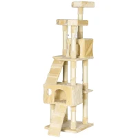 PawHut Árbol Rascador para Gatos, Árbol para Gatos 173 cm, Torre Escalador con 4 Plataformas, Rampas, 2 Cuevas, 3 Camas, Postes de Sisal, Juguetes Colgantes, Beige(m-11)