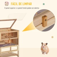 PawHut Gaiola de madeira para hamster com 5 plataformas, rampa dobrável, janela de plexiglass e prateleira inferior 60x40x80 cm(m-5)