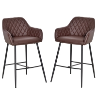 HOMCOM Set of 2 Bar stools Retro PU Leather Bar Chairs w/ Footrest Metal Frame Comfort Support Stylish Dining Seating Home Brown