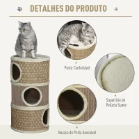 PawHut Arranhador em Forma de Cilindro para Gatos com 3 Níveis Plataforma e Caverna Confortável 37,5x37,5x70 cm Marrom Claro e Bege(m-5)