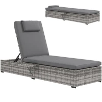 Outsunny Tumbona de Jardín de Ratán con Respaldo Ajustable en 5 Niveles Mesita y Cojín Carga 120 kg Gris(m-1)