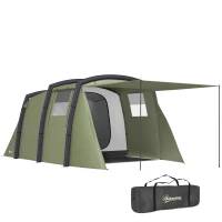 Outsunny Inflatable 3-4 Man Tunnel Tent w/ Air Pump, Living Area & Vestibule, Waterproof Family Camping Air Tent w/ Sewn In Groundsheet & Removable Footprint for Camping, Hiking, Olive Green(m-10)