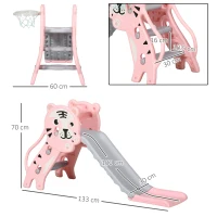 AIYAPLAY Tobogan pentru Copii 18-36 Luni cu Coș de Baschet Lateral și Tobogan din Plastic, 133x60x70 cm, Roz(m-3)