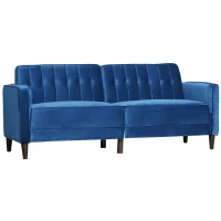 HOMCOM Modern 3 Seater Velvet Sofa Bed, Click Clack Sofa Bed, Button Tufted Sleeper Couch with Split Reclining Backrest and Rubber Wood Legs, Blue(m-1)