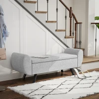 HOMCOM Storage Ottoman with Armrest, Upholstered Linen Storage Bench, Window Seat with Rubberwood Legs, Footstool for Bedroom Living Room, Hallway, Dark Grey(m-8)