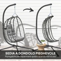 Outsunny Sedia Sospesa in Rattan a Uovo con Cuscino e Poggiatesta, Altezza Regolabile e Seduta Richiudibile, Grigio(m-6)