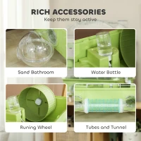 PawHut 3-Tier Hamster Cage with Transparent Top, Sand Bathroom, Exercise Wheel, Hideout Room, Tubes, 45 x 28 x 60 cm, Green(m-5)