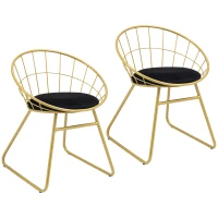 HOMCOM Modern Dining Chairs Set of 2, Metal Wire Kitchen Chair with Velvet-feel Cushion, Round Back and Steel Frame for Living Room, Bedroom, Gold(m-1)
