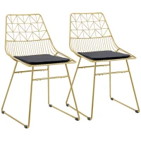 HOMCOM Luxurious Dining Chairs Set of 2, Metal Wire Kitchen Chair with Removable Velvet-feel Cushion, Cut-out Back and Steel Frame for Dining Room, Gold Tone(m-1)