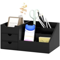 HOMCOM Organizador de Escritorio de Bambú con 2 Cajones 6 Compartimentos y Estante para Oficina Hogar 33x20,5x15,5 cm Negro(m-11)