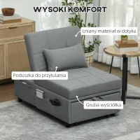 HOMCOM Rozkładany Fotel 3-w-1 z Kieszonką, Gościnne Łóżko z Poduszką, Regulowane Oparcie, Fotel do Spania na Kółkach, Jasnoszary(m-4)