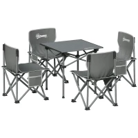 Outsunny Conjunto de Mesa y 4 Sillas de Camping Plegables con Bolsillos Laterales y Bolsa de Transporte Estructura Metálica Gris(m-1)