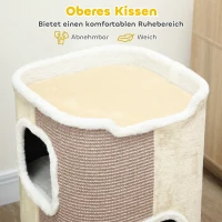 PawHut Kratztonne für Katzen, Katzenbaum, 3 Ebenen, robust, weicher Plüsch, Rückzugsort, Beige(m-7)