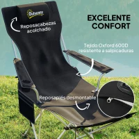 Outsunny Conjunto de 2 Sillas Plegables Camping con Reposapiés Desmontable Reposacabezas Portavasos y Bolsa 82x50/100x88 cm Negro(m-4)