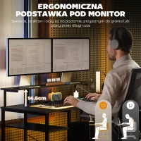 HOMCOM Biurko narożne L-kształtne z ładowarką, komputer stół narożny z podstawką pod monitor i półkami, do domowego biura, czarne(m-5)