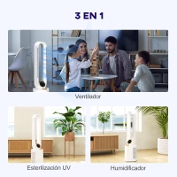 HOMCOM Ventilador de Torre sin Aspas con Humidificador Luz UV Oscilación y Mando a Distancia 24x26,5x97 cm Blanco(m-4)