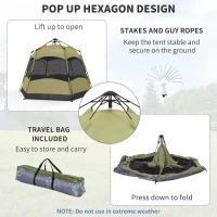 Outsunny Six Man Hexagon Camping Tent with Hang Hook and Carry Bag - Dark Green and Light Grey(m-5)