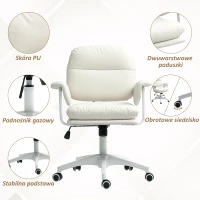 HOMCOM Regulowane krzesło biurowe z miękkimi poduszkami i pokryciem z ekoskóry, elastyczne kółka i funkcja przechylania, Biały(m-5)