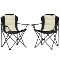 Outsunny Conjunto de 2 Sillas Plegables Camping Acolchado con Respaldo Alto Portavasos y Bolsas de Transporte Crema y Negro(m-1)