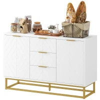 HOMCOM Buffet, meuble cuisine rangement, design contemporain graphique, 2 placards porte, étagères réglables, 3 tiroirs coulissants, bois blanc métal doré, 120 x 40 x 76 cm(m-10)