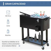 Outsunny Enfriador de Bebidas de Acero con Ruedas Abridor de Botellas y Drenaje para Exterior Patio y Jardín 75,7 L Negro(m-4)