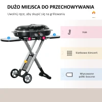 Outsunny Grill gazowy Grillwagen Składany z 2 palnikami, rusztem do grillowania, bocznym blatem, kółkami, 2,34 kW, do ogrodu, balkonu, tarasu, stal nierdzewna, czarny+srebrny, 100 x 41,6 x 82,5 cm(m-7)