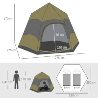 Outsunny Six Man Hexagon Camping Tent with Hang Hook and Carry Bag - Dark Green and Light Grey(m-3)