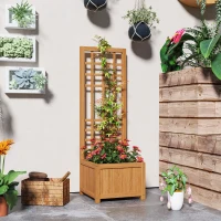 Outsunny Fioriera con Traliccio per Rampicanti con Foro di Drenaggio e Fodera, in Legno, 40x40x120 cm, Marrone(m-8)