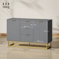 HOMCOM Aparador Auxiliar Armário de Armazenamento com 3 Gavetas e 2 Armários com Prateleira Ajustável 120x40x76 cm Cinza(m-3)