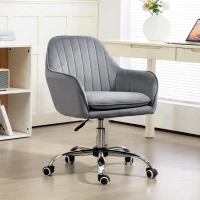 HOMCOM Office Chair, Swivel Desk Chair, Velvet-Feel Fabric Vanity Chair with Adjustable Height and Rolling Wheels for Home Work Study, Grey(m-2)