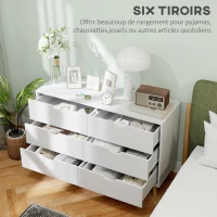 HOMCOM Commode 6 tiroirs meuble de rangement 5 pieds biseautés en bois  120 x 40 x 76 cm blanc(m-5)