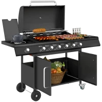 Outsunny Fahrbarer Gasgrill mit Stauraum, Seitentisch, Seitenbrenner, Warmhalterost, Thermometer, Edelstahl, Schwarz(m-1)