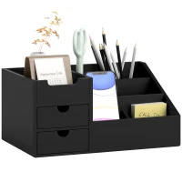 HOMCOM Organizador de Escritorio de Bambú con 2 Cajones 6 Compartimentos y Estante para Oficina Hogar 33x20,5x15,5 cm Negro(m-10)