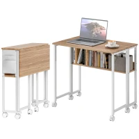 HOMCOM Escritorio Plegable con Ruedas Balda y Bolsillo de Almacenaje Ideal para Espacios Pequeños 80x50x75 cm Blanco y Natural(m-8)