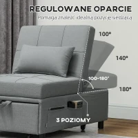 HOMCOM Rozkładany Fotel 3-w-1 z Kieszonką, Gościnne Łóżko z Poduszką, Regulowane Oparcie, Fotel do Spania na Kółkach, Jasnoszary(m-5)