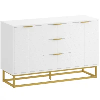 HOMCOM Buffet, meuble cuisine rangement, design contemporain graphique, 2 placards porte, étagères réglables, 3 tiroirs coulissants, bois blanc métal doré, 120 x 40 x 76 cm(m-11)