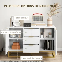 HOMCOM Buffet, meuble cuisine rangement, design contemporain graphique, 2 placards porte, étagères réglables, 3 tiroirs coulissants, bois blanc métal doré, 120 x 40 x 76 cm(m-5)