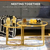 HOMCOM Coffee Table Set of 2, Modern Nest of Tables with Tempered Glass Top, Steel Frame for Living Room, Gold Tone(m-4)